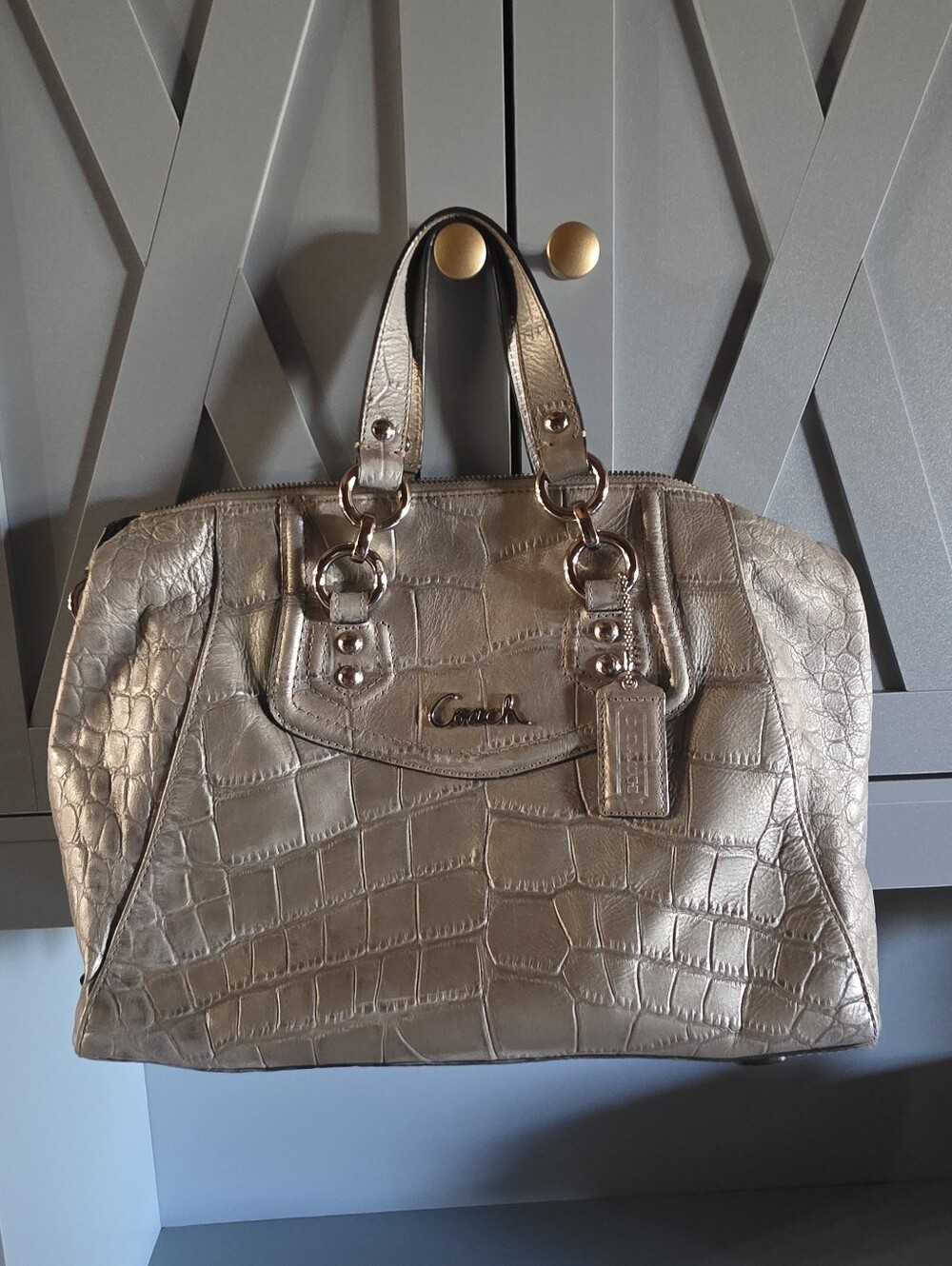Coach Metallic Croc-Embossed Satchel In Metallic Silver